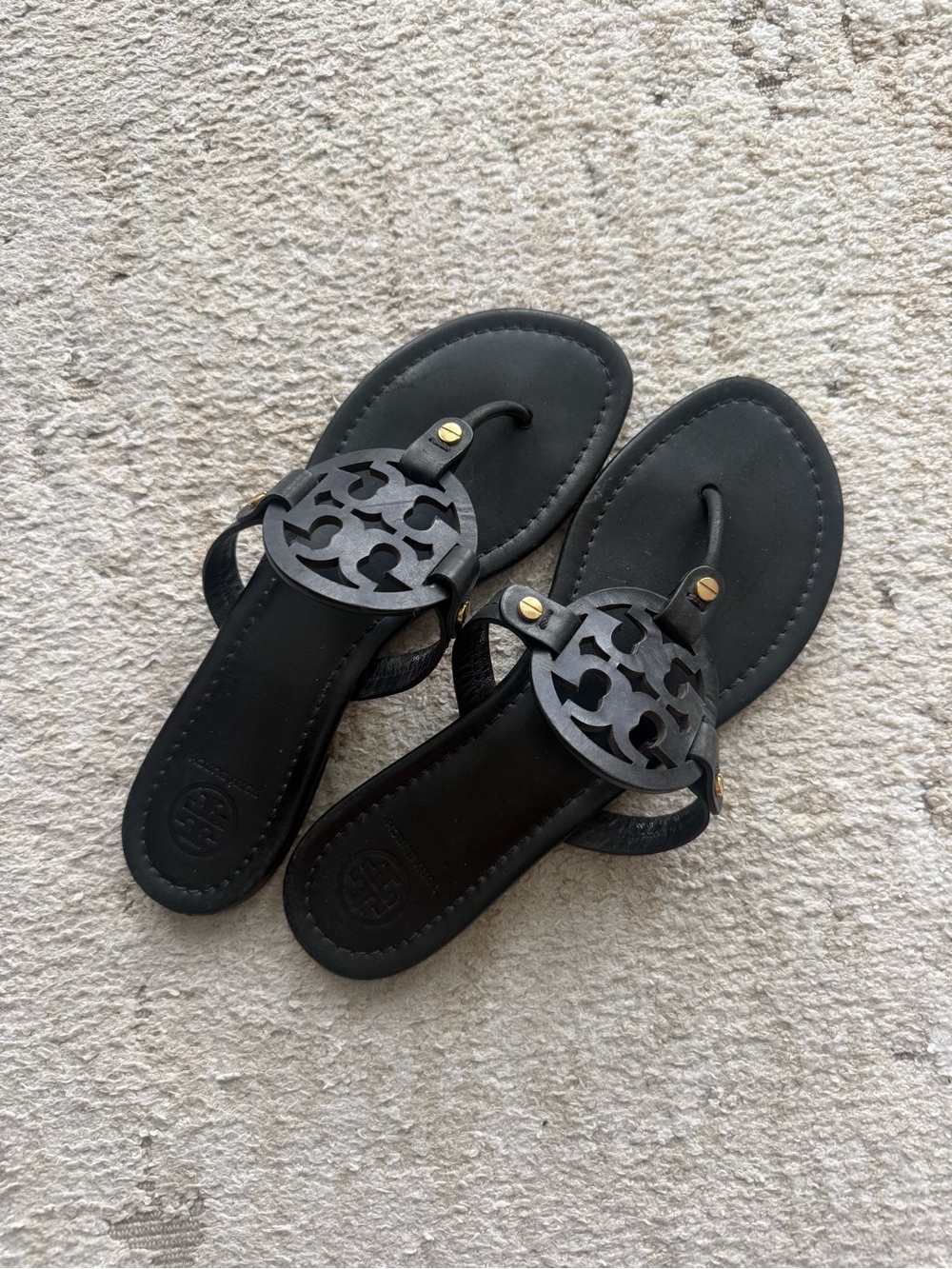 Tory Burch Black Leather Miller Logo Thong Sandals
